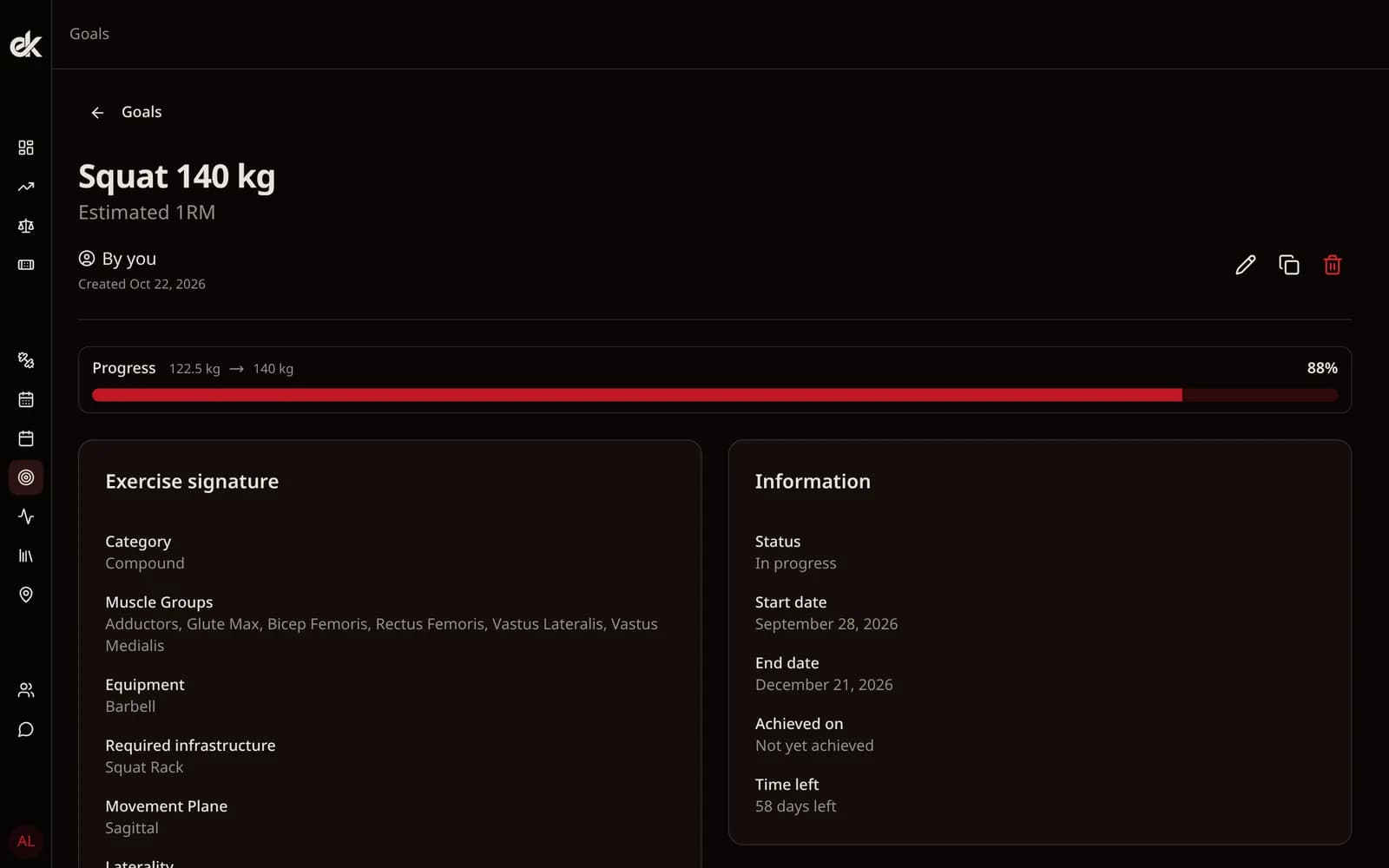 Goal screen in Eskeno: squat 140 kg, estimated 1RM at 122.5 kg, 88% of the target, 59 days left.